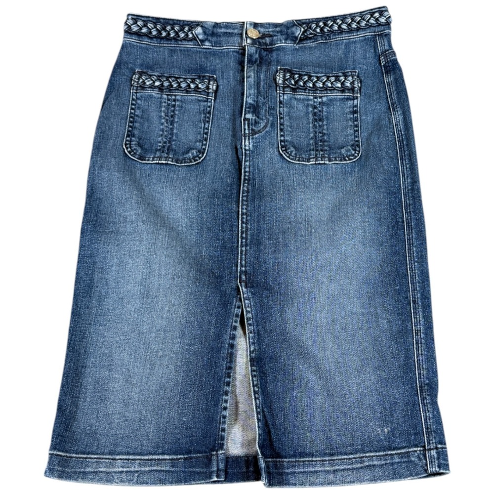 7 For All Mankind Midi Skirt Womens‎ 29 Blue Braided Trim Stretch Outdoor Wear